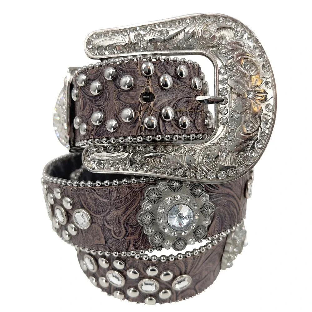 Women's Western Belt Brown Floral Embossed Rhinestone Studded Silver Bling Y2K L